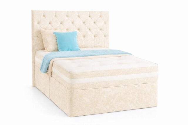 Chesterfield Cream Crushed Velvet Double 4ft6 Divan Bed With 54inch Floorstanding Headboard and Mattress 2 Drawers One Each Side