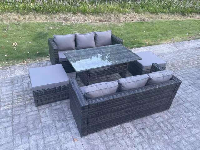 Fimous 8 Seater Outdoor Lounge Sofa Garden Furniture Set Patio Rattan Rectangular Dining Table with 2 Big Footstool Dark Grey Mixed