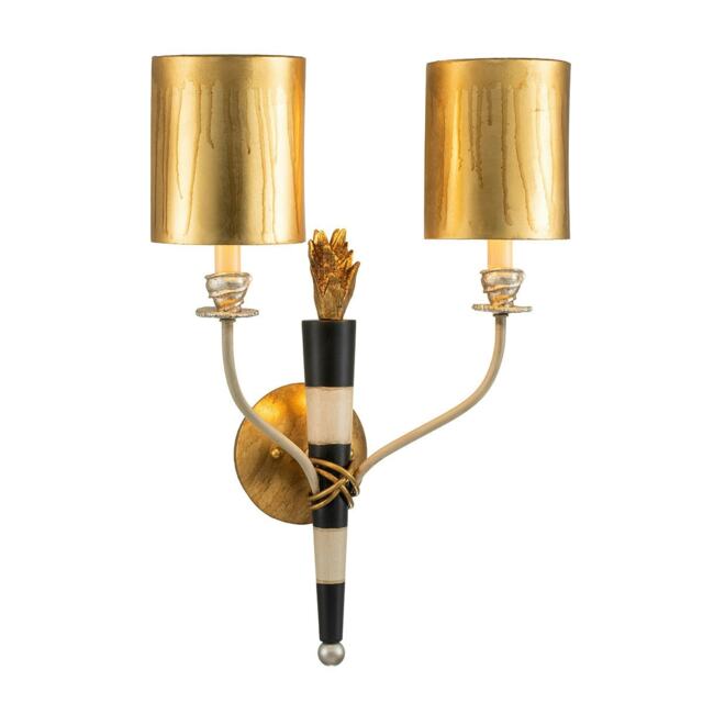 Flambeau 2 Light Indoor Candle Wall Light Black, Gold with Shades, E14