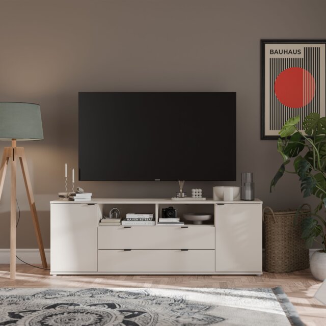 Ganymede Wide TV Unit with Open Shelving, 2 Drawers & 2 Doors in Sand