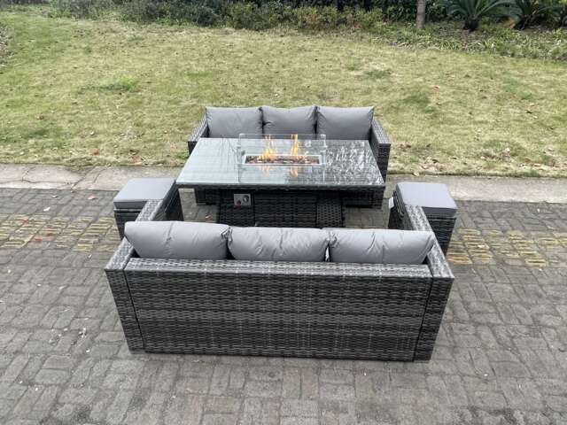 Fimous Outdoor PE Rattan Garden Furniture Gas Fire Pit Dining Table Lounge Sofa 2 PC Footstools Dark Grey Mixed Patio