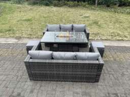 Fimous Outdoor PE Rattan Garden Furniture Gas Fire Pit Dining Table Lounge Sofa 2 PC Footstools Dark Grey Mixed Patio