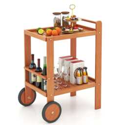 COSTWAY Wood Bar Cart 2 Tier Rolling Serving Cart