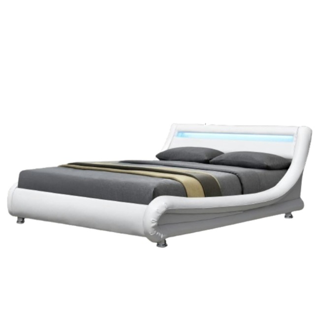 4ft6 Double Italian Designer Faux Leather Bed with LED In White