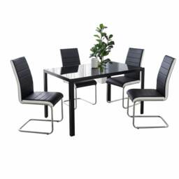 Black Glass Dining Table Set with 4 Black White Striped Faux Leather Chairs