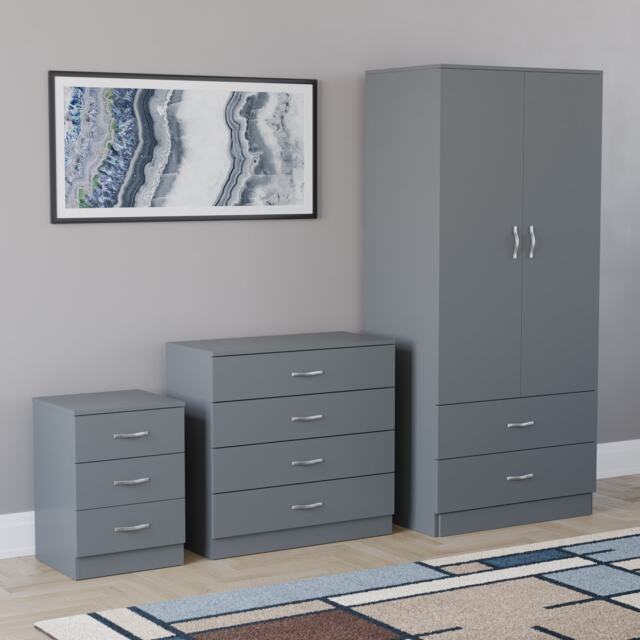Vida Designs Riano 3 Piece Bedroom Set (3 Drawer Bedside Chest, 4 Drawer Chest, 2 Door 2 Drawer Wardrobe) - Grey