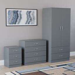 Vida Designs Riano 3 Piece Bedroom Set (3 Drawer Bedside Chest, 4 Drawer Chest, 2 Door 2 Drawer Wardrobe) - Grey