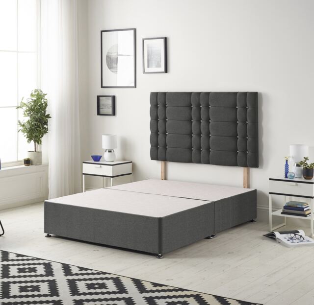 Astoria Divan Bed Base with 30 Inch Diamonte Button Headboard Tweed Fabric Grey Charcoal Double