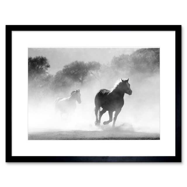 "Wild Horses Running Black White Misty Landscape 9x7"" Black Framed Wall Art Print"