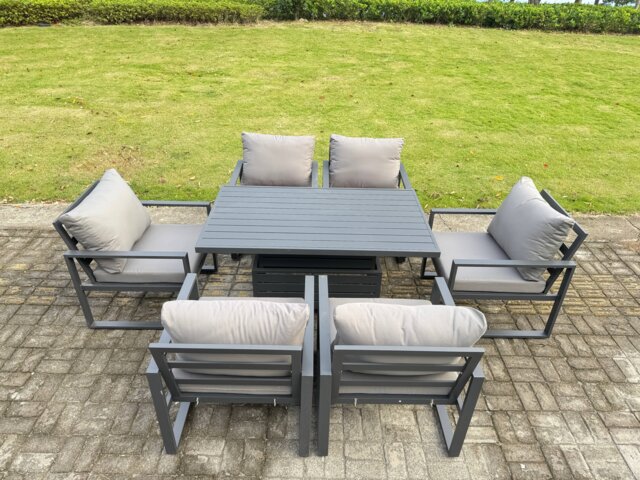 Fimous Aluminium Garden Furniture Set Adjustable Rising Lifting Dining Table and 6 Chairs Set Dark Grey