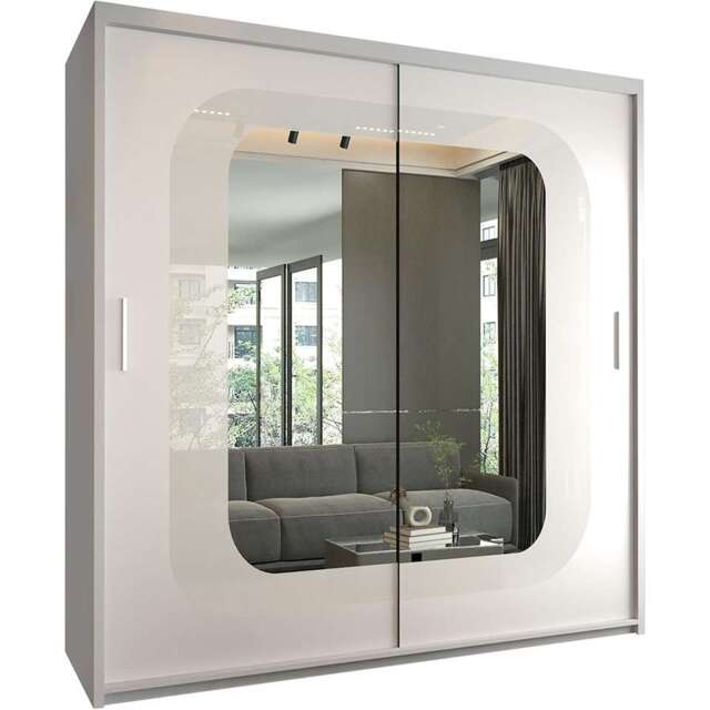 Modern Sliding Mirror Wardrobe with Strip Design & Adjustable Storage - 150/203cm Options