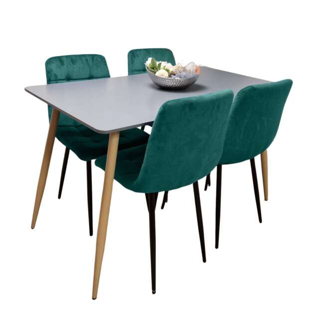 Modern Rectangle Dark Grey Dining Table Set With 4 Green Velvet Chairs Dining Room Furniture