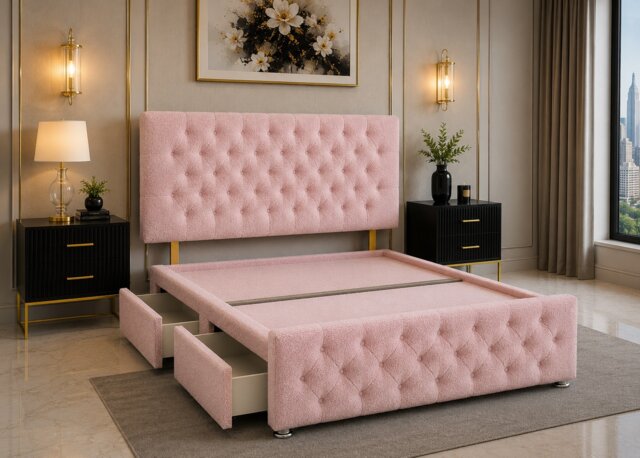 Brooklyn Divan Bed with Upholstered Headboard & Footboard Base - Double Pink Teddy 2 Drawers Storage Left Side in Bed