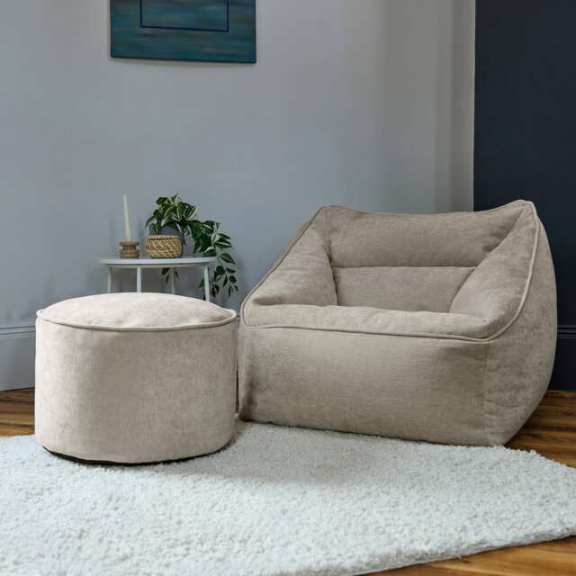 Natalia Chenille Adults Bean Bag Armchair and Pouffe, Ready Filled Large Beanbag and Footstool Natural Beige Cream Beige 2