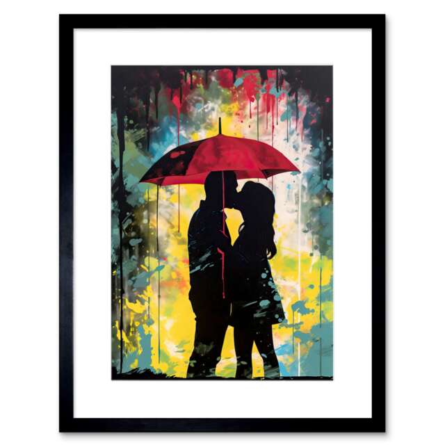"Couple Silhouette Kissing Under a Red Umbrella 9x7"" Black Framed Wall Art Print"