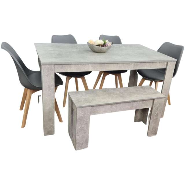 Stone Grey Effect Dining Table with Bench and 4 Grey Plastic Chairs Dining Room Furniture Set Grey One Size 6