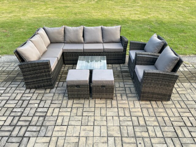 Fimous Rattan Garden Furniture Set Outdoor Lounge Corner Sofa Set With Square Coffee Table 2 Small Footstools Armchair 10 Seater Dark Grey Mixed