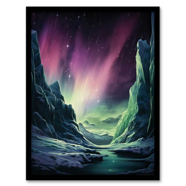 Northern Lights Borealis Antarctica Fantasy Black Framed Wall Art Print A4