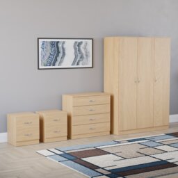 Vida Designs Riano 4 Piece Bedroom Set (2x 2 Drawer Bedside Chest, 4 Drawer Chest, 3 Door Wardrobe) - Pine
