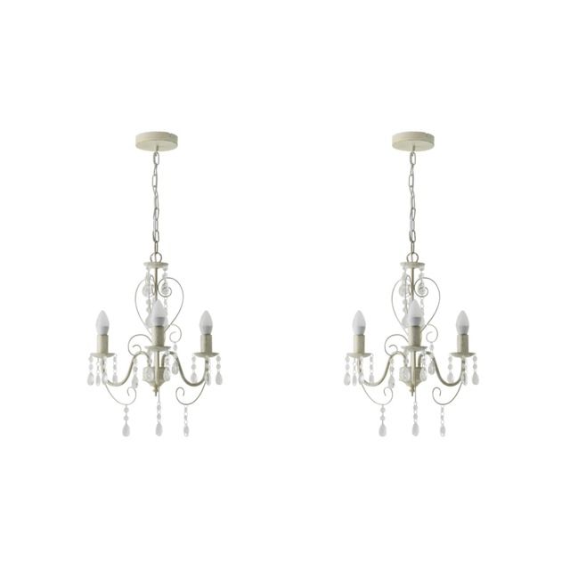 ValueLights Lille Pair Three-Way Chandelier Ceiling Lights In Distressed White Cream Finish Cream