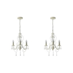 ValueLights Lille Pair Three-Way Chandelier Ceiling Lights In Distressed White Cream Finish Cream