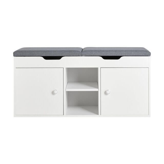 SoBuy Shoe Storage Bench with 2 Folding Padded Seats, Adjustable Shelf & Hidden Compartment, White, 39.4x13.4x18.5 inches, 25 kg - FSR96-W