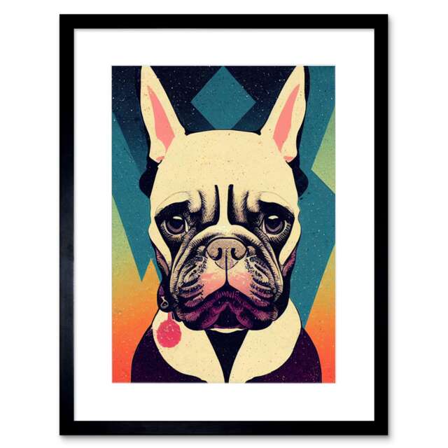 "French Bulldog Portrait Geometric Pastel Modern 9x7"" Black Framed Wall Art Print"
