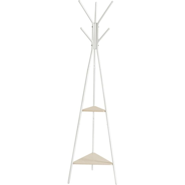 Hall Tree Stand with Hooks and 2 Storage Shelves, Industrial Style Coat Rack, Natural Beige and Pearl White