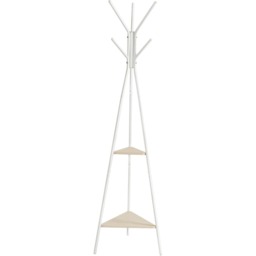 Hall Tree Stand with Hooks and 2 Storage Shelves, Industrial Style Coat Rack, Natural Beige and Pearl White