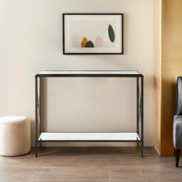 Orsina Black Finish Console Table, Sleek Two‑Tier Tempered Glass Top & Shelf, Minimalist Black Industrial Iron Frame