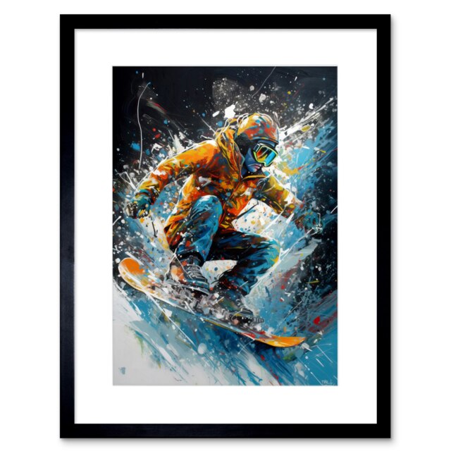 "Snowboarder Landing Snowboard Jump Splatter Paint 9x7"" Black Framed Wall Art Print"