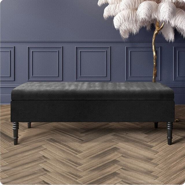 90cm Safar Plain Ottoman Storage Bench -Naples Shoes Bench with Black Turned Wooden Legs - Black Upholstery Footstool Storage