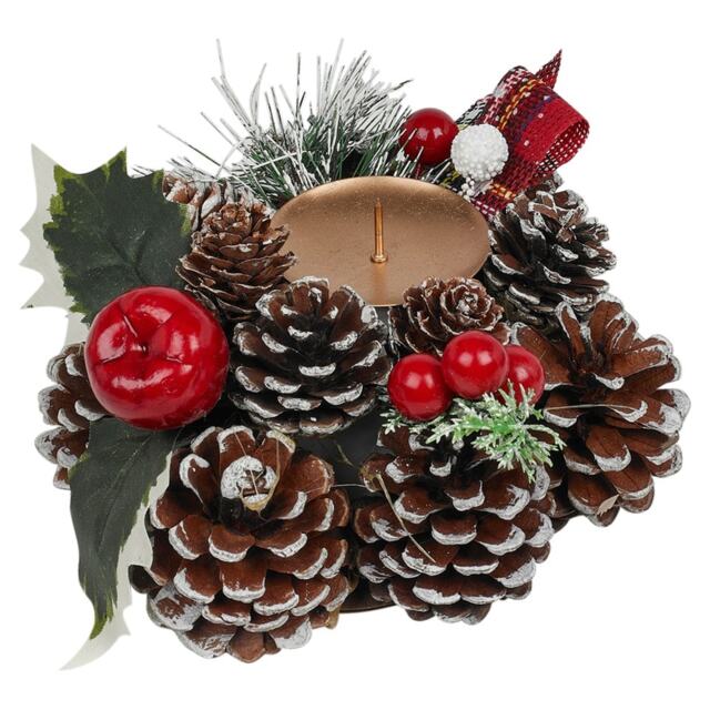 Christmas Wreath Candle Holder Centrepiece Arrangement Pinecones Berries Decor Multi Multicoloured 1 Candle - 15cm
