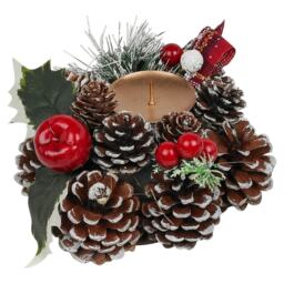 Christmas Wreath Candle Holder Centrepiece Arrangement Pinecones Berries Decor Multi Multicoloured 1 Candle - 15cm
