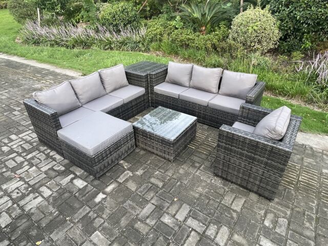 Fimous Rattan Garden Furniture Sofa Set with Armchair Side Table Square Coffee Table Big Footstool Indoor Side Table Outdoor 8 Seater Rattan Set Dark Grey Mixed