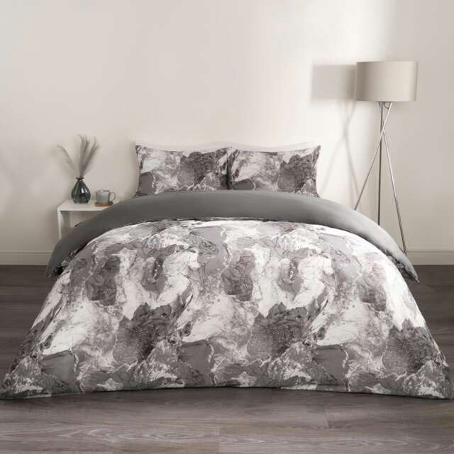OHS Marble Print Duvet Quilt Cover Bedding Set, King - Grey/White