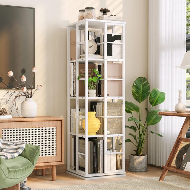 London Boutique 4-Tier Rotating Bookshelf Swivel Metal Bookcase Storage Shelf (W)40cm (D)40cm (H)137cm, White