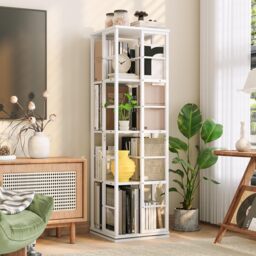 London Boutique 4-Tier Rotating Bookshelf Swivel Metal Bookcase Storage Shelf (W)40cm (D)40cm (H)137cm, White