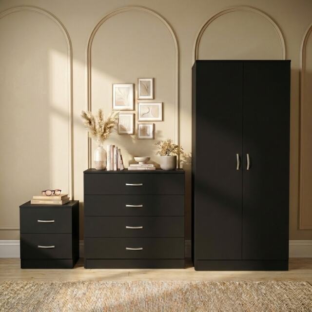 Vida Designs Riano 3 Piece Bedroom Set (2 Drawer Bedside Chest, 4 Drawer Chest, 2 Door Wardrobe) - Black