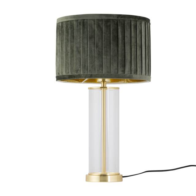 Aura - Satin Brass Table Lamp with Green Pleated Velvet Shade Gold Satin brass plate with clear glass detail and green pleated velvet 1