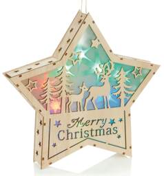 Premier Wooden Light Up Star With Reindeer Scene 30cm