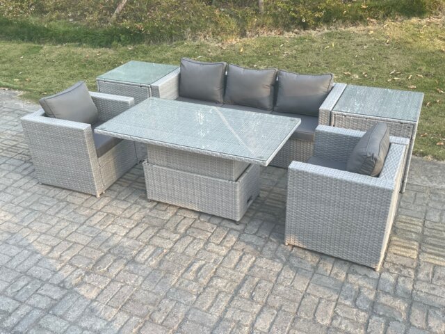 Fimous Rattan Garden Funiture Set Adjustable Rising Lifting Table Sofa Dining Set With 2 Arm Chair 2 Side Table