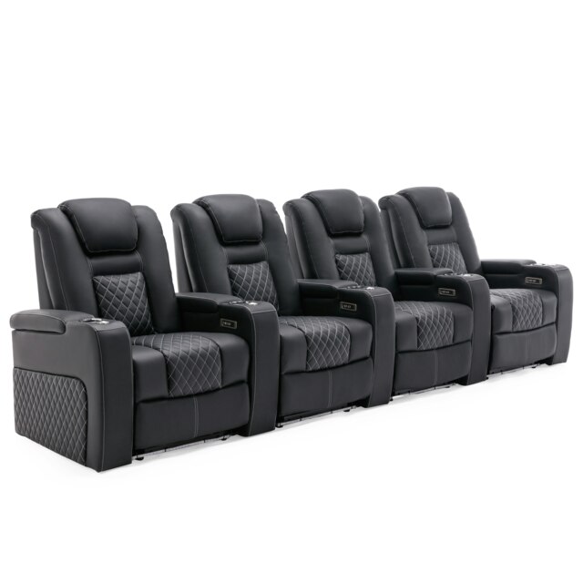 Broadway 4 Seater Cinema Electric Recliner Chair USB Charging LED Base (Black w White stitching)