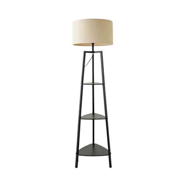 ValueLights Hiru Black 3 Tier Shelf Floor Lamp Cream Shade