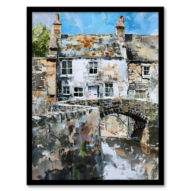 North Yorkshire Village Medieval Bridge Black Framed Wall Art Print A4