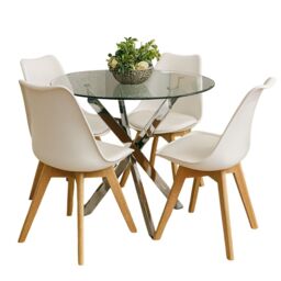 Round Glass Dining Table and 4 cream Colour Chairs Dining Room Furniture