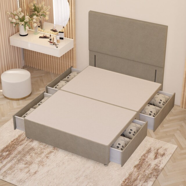 Divan Bed Base with 4 Drawers & Plain Floor Standing Headboard Tweed Fabric Brown Natural