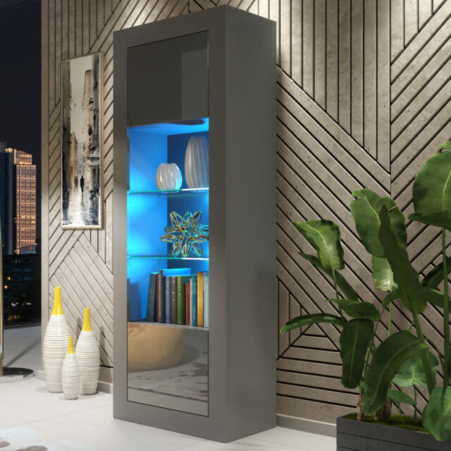 Display Cabinet Bookcase Sideboard Storage Cabinet Cupboard Grey High Gloss LED 170cm