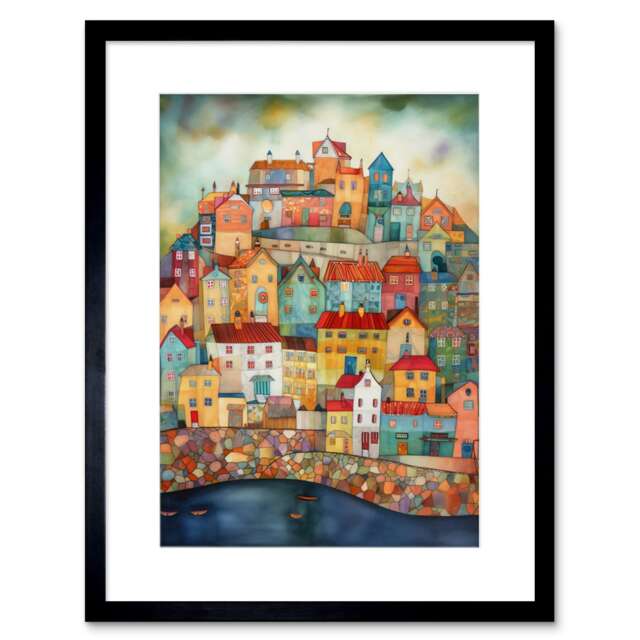 "Coastal City Cityscape Colourful Folk Art 9x7"" Black Framed Wall Art Print"