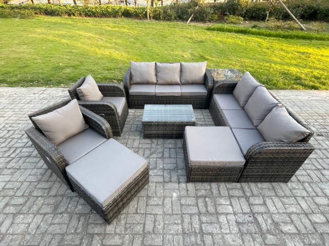 Fimous 10 Seater Rattan Outdoor Garden Furniture Sofa Set Patio Table & Chairs Set with 3 Seater Sofa Reclining Chair 2 Big Footstool 3 Seater Sofa Side Table Dark Grey Mixed